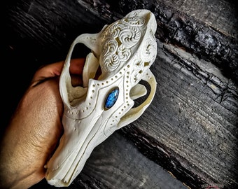 Engraved Fox Skull Art: Made-to-Order with Labradorite Stone
