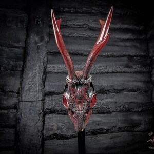 Made to order Roe deer skull with engraved design pentagram painted red blood black real bone gift idea evil 666 satan ave hell satanic gift