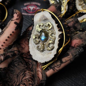 Handmade Deer Antler Necklace: Engraved Labradorite Cabochon Pendant