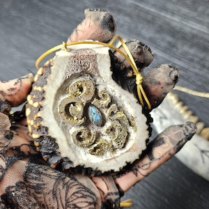 Handmade Deer Antler Necklace: Engraved Labradorite Cabochon Pendant