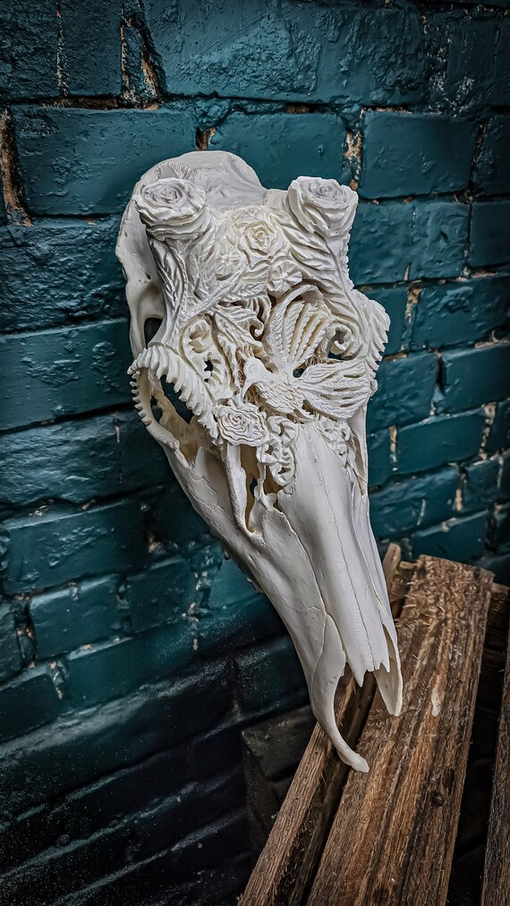 Carved Deer Skull: European Stag With Flowers & Hummingbird - Etsy