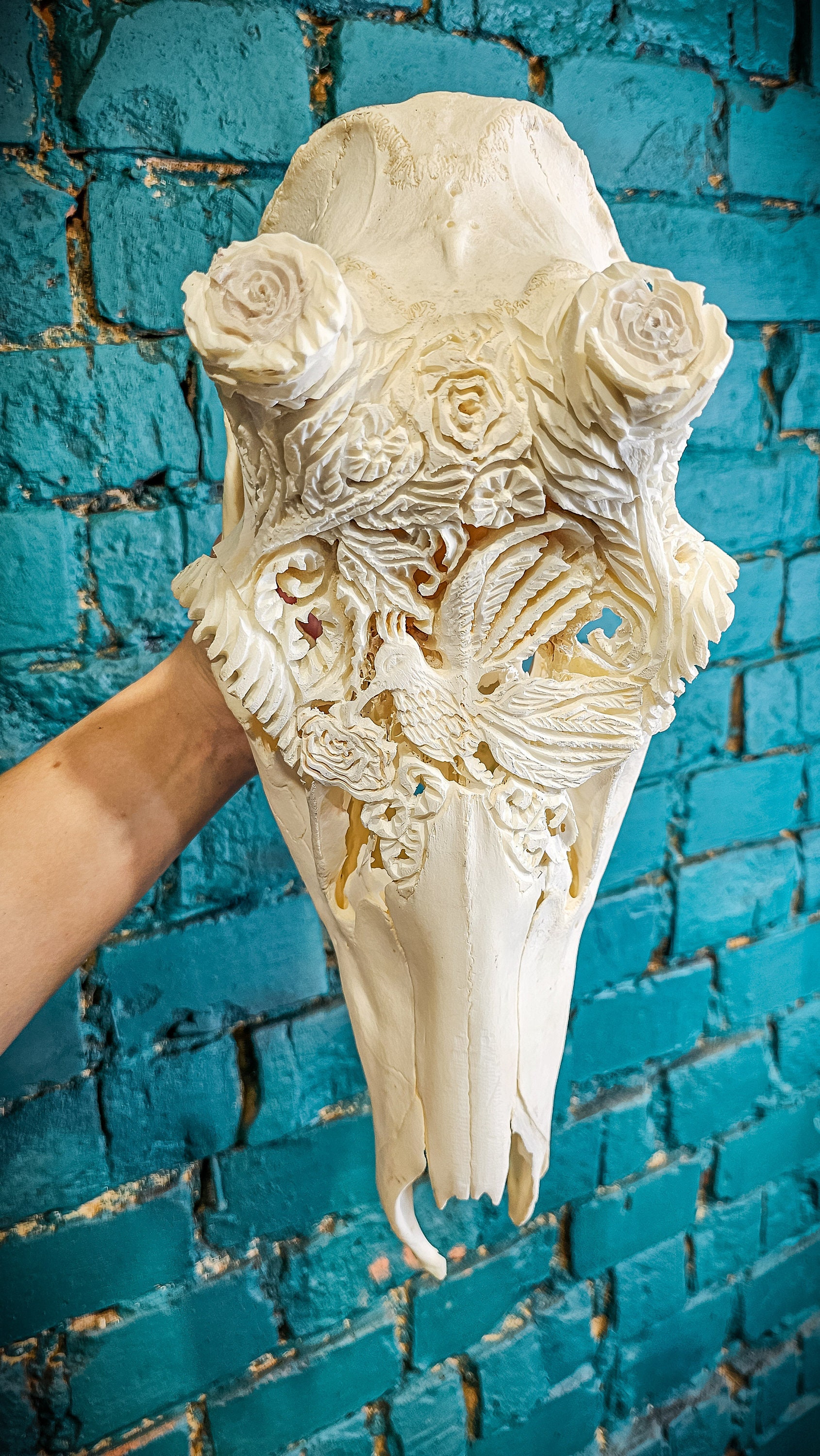 Carved Deer Skull: European Stag With Flowers & Hummingbird - Etsy