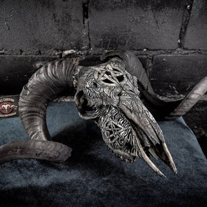 Made to order Huge impressive ram skull real bone carving pentagram Leviathan Cross Lucifer sigil flames ornaments snakes custom design gift