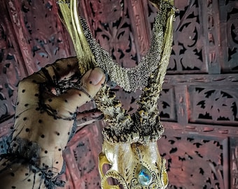 Cráneo de corzo grabado: Decoración dorada para altar pagano vikingo
