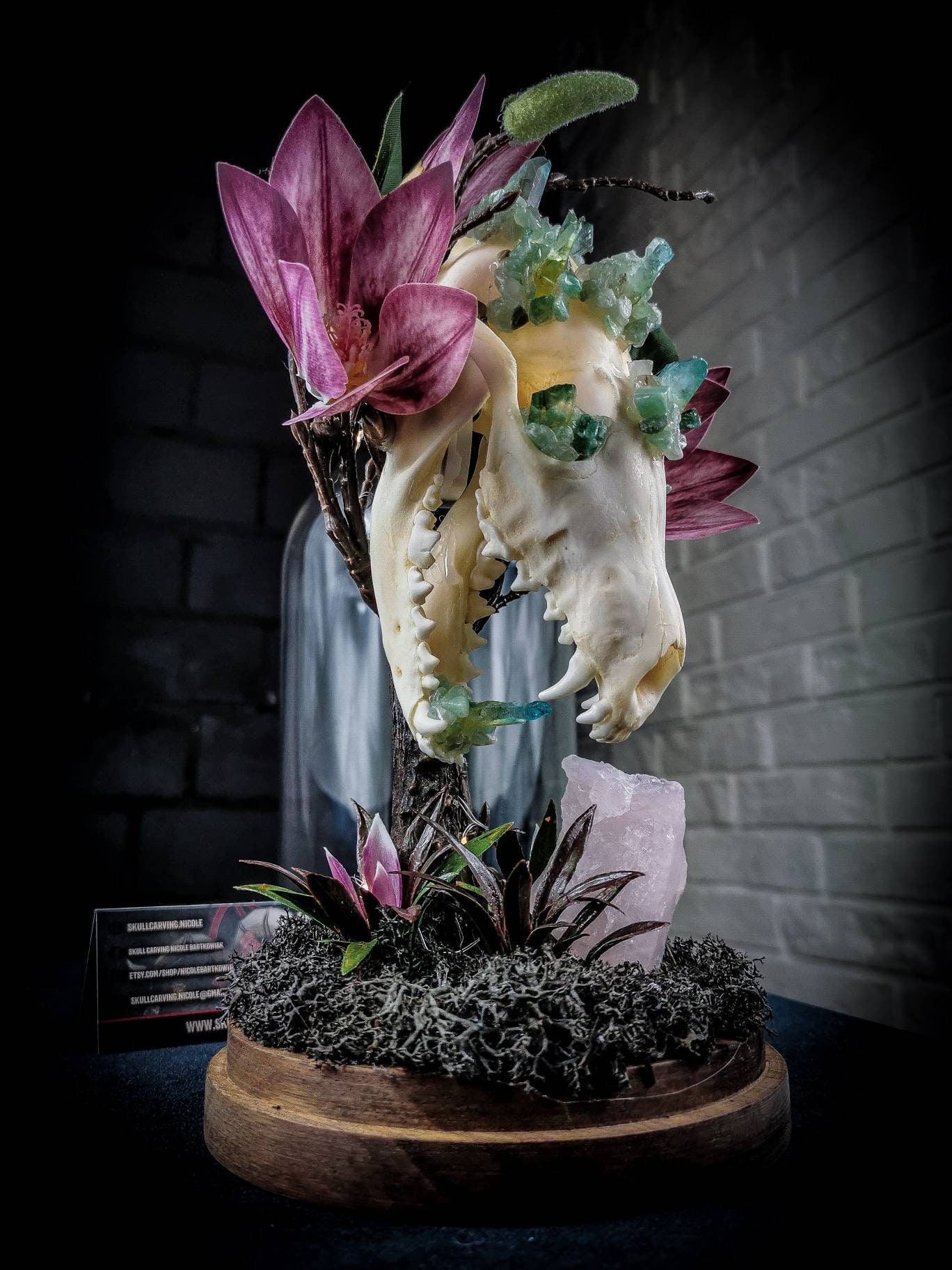 Fox Skull in Glass Dome: Green Quartz Crystals & Magnolia - Etsy