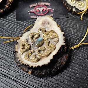 Engraved Deer Antler Slice Necklace: Labradorite Stone, Handmade Bone Pendant