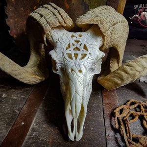 Made to order Huge impressive ram skull real bone carving pentagram Leviathan Cross Lucifer sigil flames ornaments snakes custom design gift
