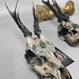 Echte Rehschädel mit graviertem Design Grün Achat Cabochon schwarz silber Akzente