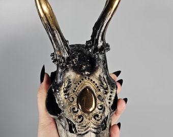 May include: A black and gold deer skull with intricate gold detailing and a large, teardrop-shaped gemstone in the center of the forehead.