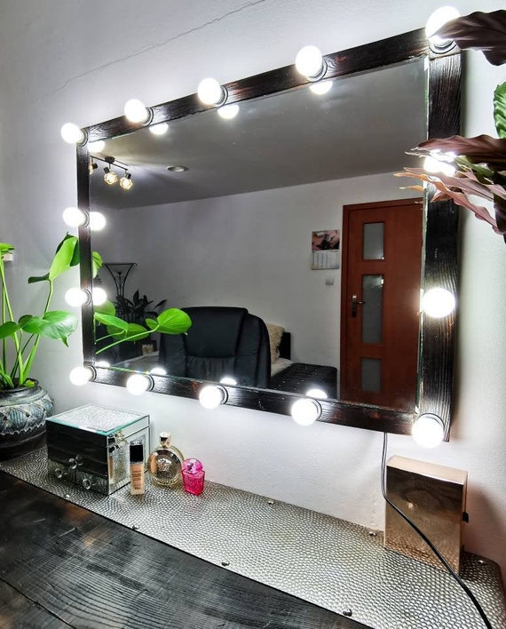 60x40 Cm Wooden Hollywood Mirror Burned Frame Modern Makeup 60x40 Cm Wooden Hollywood Mirror Burned, 60 X 40 Wood Frame Mirror