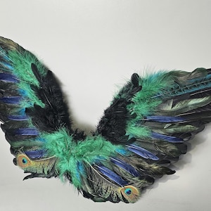 wings made of feathers custom colors peacock pheasant black violet green big angel evil bird photo prop carnival