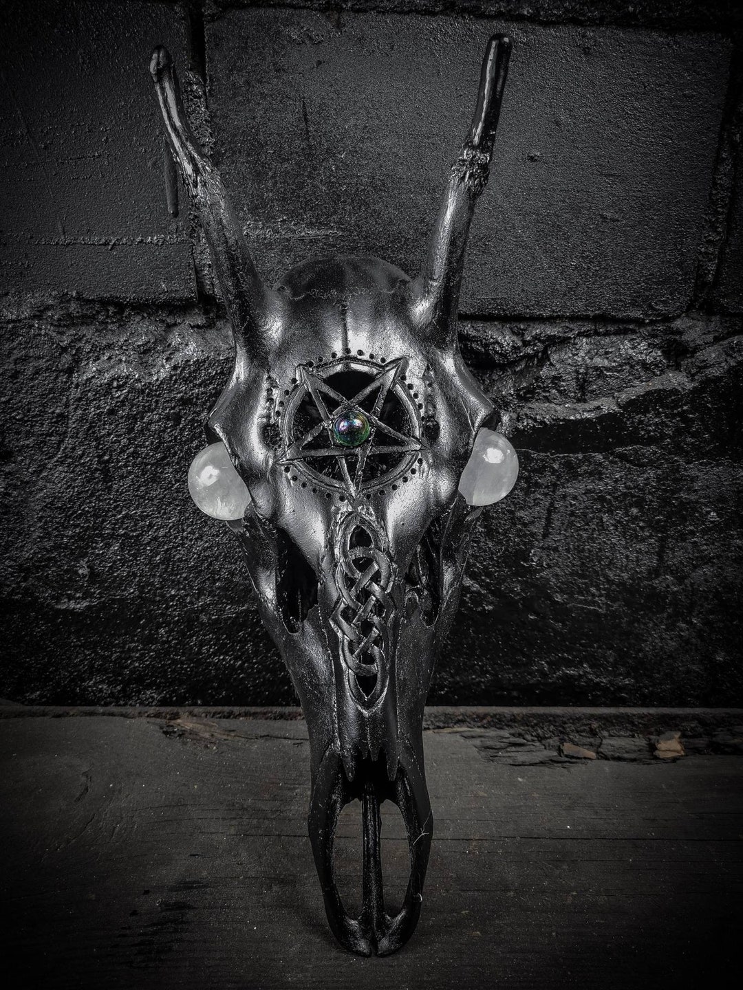 Real Deer Skull With Engraved Design Painted Black Velvet Pentagram ...