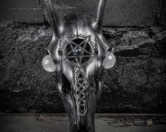 Real deer skull with engraved design painted black velvet Pentagram cute goth creepy pastel art selenite white eyes sphere