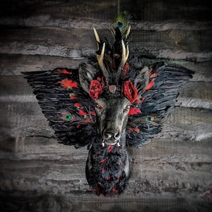 Montaje taxidermizado de corzo alado: rubí, colmillos de zorro, plumas negras