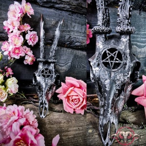 Made to order Roe deer skull engraved design pentagram painted silver black real bone gift idea evil 666 satan ave samael devil girlfriend