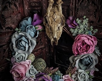 Wooden Door Wreath real engraved aged roe deer skull ingwaz rune pagan roses feathers pink brown blue violet