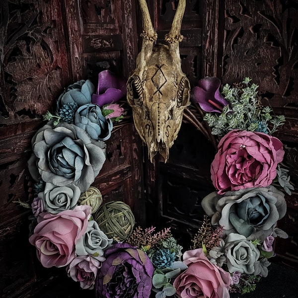 Wooden Door Wreath real engraved aged roe deer skull ingwaz rune pagan roses feathers pink brown blue violet