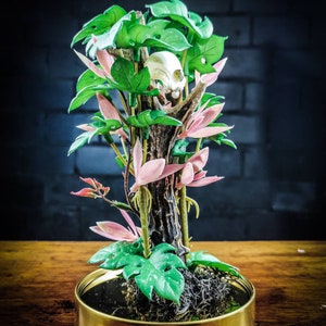 Real parakeet bird skull philodendron jungle moss forest glass dome lantern pink flowers  golden plate roe deer antler labradorite stone