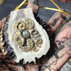 Engraved Deer Antler Slice Necklace: Labradorite Cabochon, Handmade Bone Pendant