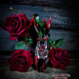 MADE TO ORDER Roe deer skull engraved pentagram painted red black real bone gift idea evil 666 satan ave samael devil  boyfriend girlfriend