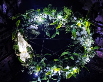 Wooden Door wreath real fox skull moss plants ferns green witch pentagram witchcraft pagan forest quartz LED  pine mushrooms