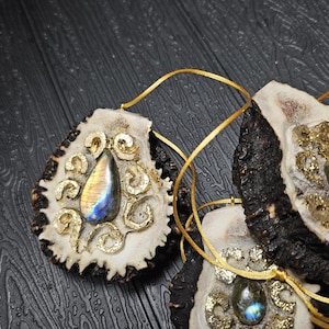 Handmade Deer Antler Necklace: Engraved Labradorite Cabochon Pendant