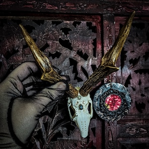 Made to order REAL authentic jackalope skull with engraved design and beautiful labradorite stones deer antlers rabbit bunny hare in frame