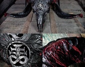 Made to order Huge impressive ram skull real bone carving pentagram Leviathan Cross Lucifer sigil flames ornaments snakes custom design gift