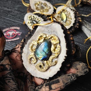 Handmade Deer Antler Necklace: Engraved Labradorite Cabochon Pendant