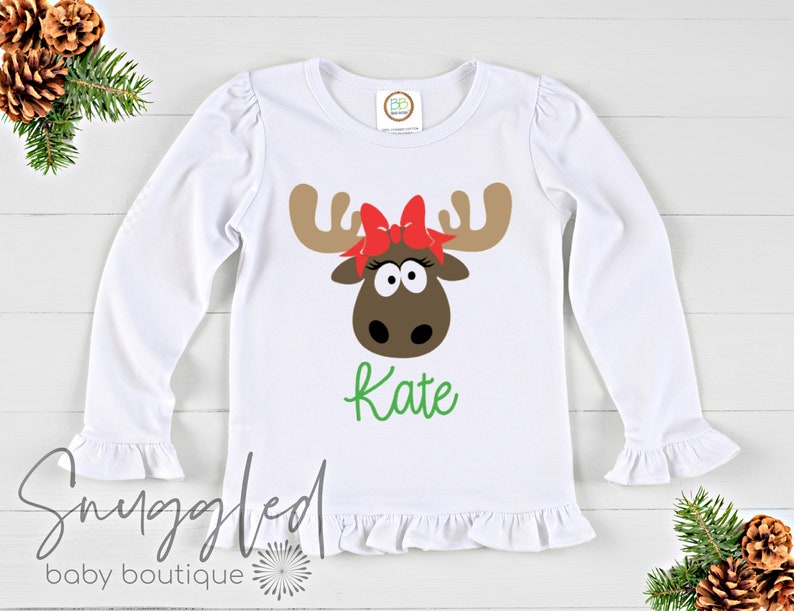 Custom Girl/'s Christmas Shirt with Name Personalized Girl Moose Ruffled Long Sleeve Shirt