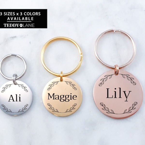 Personalised Pet Tag Custom Dog Tag Cat Tag - Wreath Gold or Silver or Rose Pet Gift for Your Fur Baby, Custom Pet ID Collar Name Tag