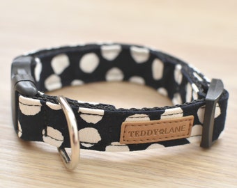 Polka Dot Adjustable Dog Collar - Black & White, Metal Buckle