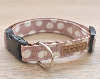Blush Pink Polka Dot Dog Collar, Puppy Gift Idea, XS Collar for Cats, Dog Collar with Metal Buckle Options, Gold Silver or Brass Hardware