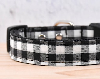 Gingham Checked Adjustable Dog Collar - Fabric Dog Collar, Dog id tag, Pet tag, Gift for Dog, Dog gift, Cat Collar, Metal Buckle Dog Collar