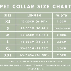 Op de afbeelding: Een tabel met de maatgids voor hondenhalsbanden. De tabel geeft de halsbandmaat, de lengte in centimeters en inches, en de breedte in centimeters. De maten zijn XS, S, M, L, XL en XXL. De tabel bevat ook de tekst "Kleine maat kan de breedte 1,5 cm of 2,0 cm kiezen" en "Meet de nek van uw huisdier om ervoor te zorgen dat u de juiste maat bestelt."