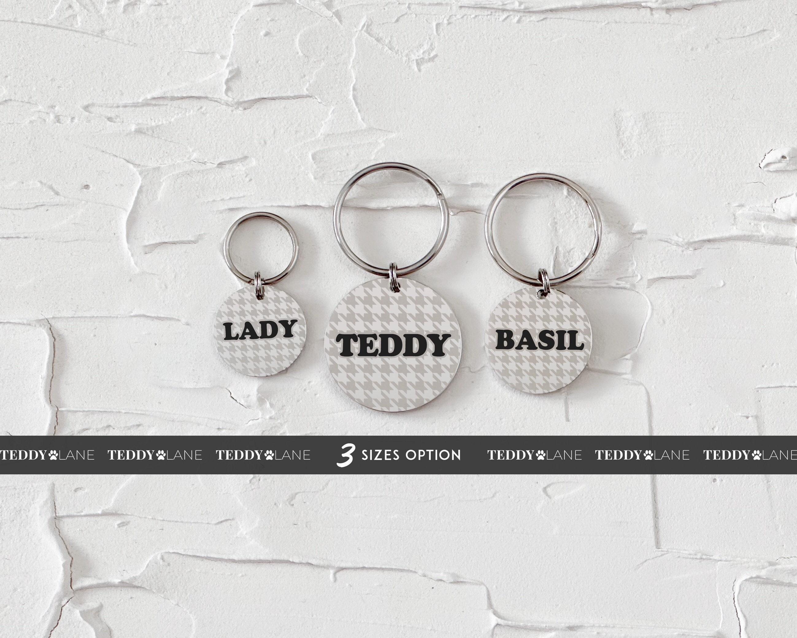 Custom Dog and Cat Name Tag, Silver Stainless Steel Pet ID Tag with Houndstooth Design, Personalised Pet Tag, 3 Sizes Available