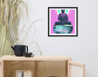 May include: Framed art print featuring a seated Buddha statue with a teal aura against a pink background. The Buddha sits atop a stylized globe with blue and teal accents. The artwork is enclosed in a black frame.