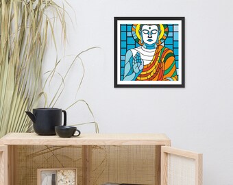 Puede incluir: Una impresión enmarcada de una ilustración colorida de estilo vitral de Buda. La ilustración está en tonos de azul, naranja, amarillo y verde. El fondo es un patrón de cuadrícula azul.