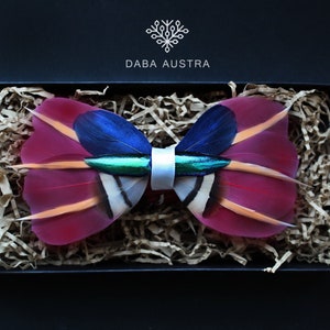 Handmade Feather Bowtie: Burgundy & Cobalt Blue, Wedding Groomsmen Silk Bowtie