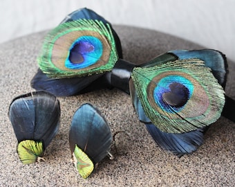 Peacock Feather Bow tie set, wedding feathers set, Bird feathers bow tie, Bow tie wedding,  Bow tie Mint green, bowtie for groom