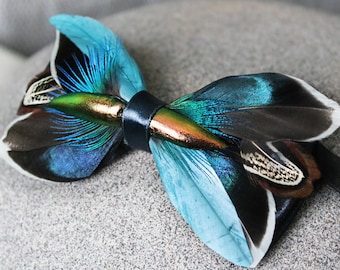 Feather Bow tie,blue pheasant feathers bow tie, Bird feathers bow tie, Bow tie wedding, Blue Tiffany bow tie, groomsmen bow tie