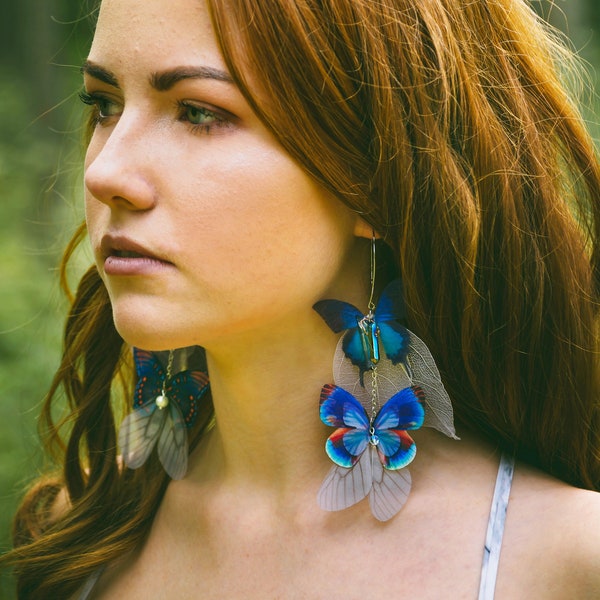 Boucles d'oreilles légères méga taille avec ailes de papillons en soie bleu Tiffany, papillons, longues boucles d'oreilles légères, papillons éthérés en organza de soie