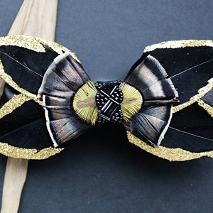 Pheasant Feather Bow Tie: Black & Gold Wedding Groomsmen Bowtie