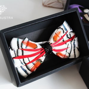 Pheasant Feather Bow Tie: Scarlet Red & Dove White Wedding Bowtie