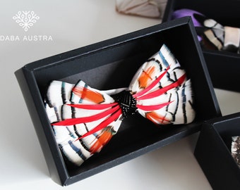 Pajarita de plumas de faisán hecha a mano: pajarita de boda roja y blanca