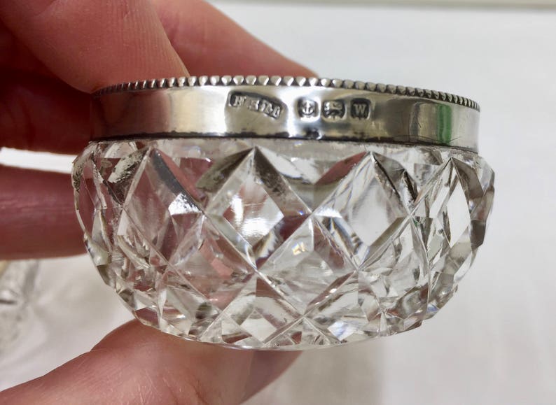 Two Geo V Cut Glass Salts with Solid Silver Rims circa 1921