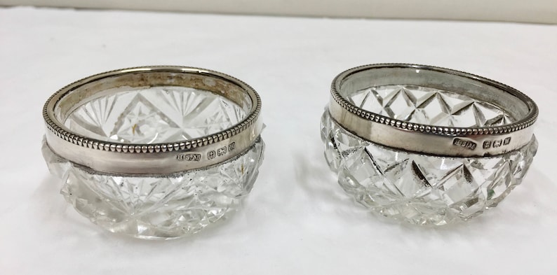 Two Geo V Cut Glass Salts with Solid Silver Rims circa 1921
