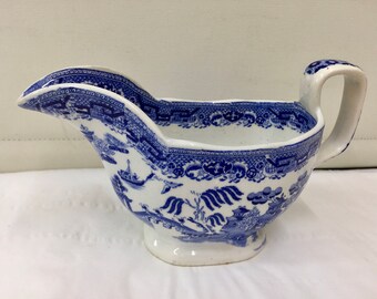 Antique Willow Pattern Pottery Sauce Boat circa 1850