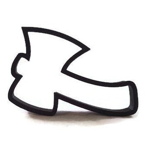 May include: A black and white graphic of an axe. The axe head and handle are outlined in black, with the interior of the axe head being white. The image is set against a plain white background.