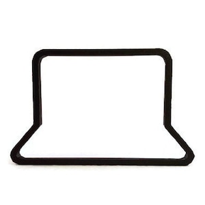 May include: A black, rectangular rubber gasket with a hollow center. The gasket has a flat top and bottom with two vertical sides and a slight flare at the base. The object is set against a white background.